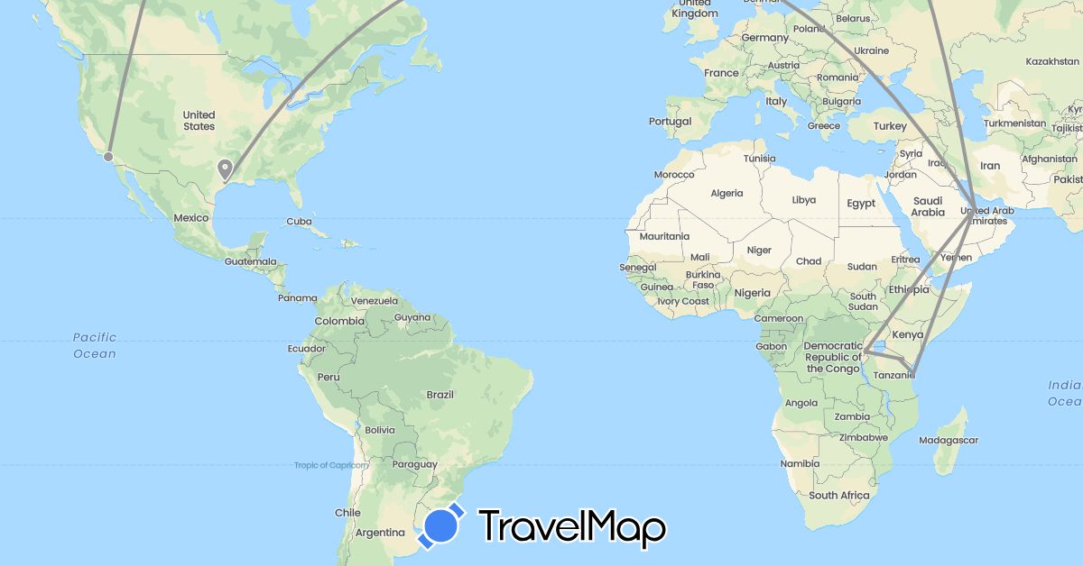 TravelMap itinerary: driving, plane, boat in Qatar, Rwanda, Tanzania, United States (Africa, Asia, North America)